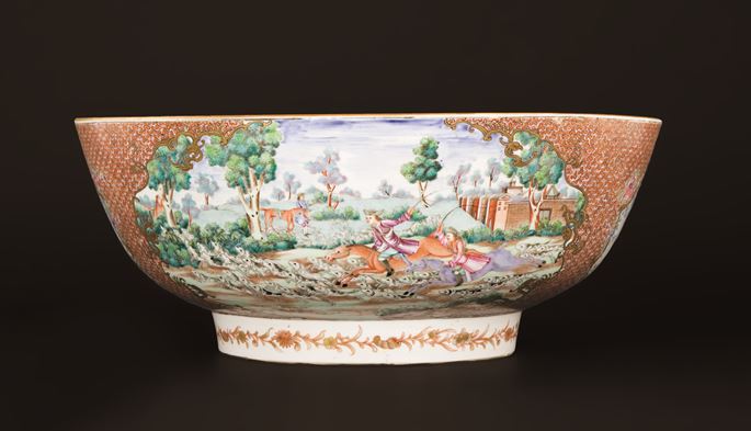 Chinese export porcelain famille rose punchbowl with fox hunting scenes | MasterArt